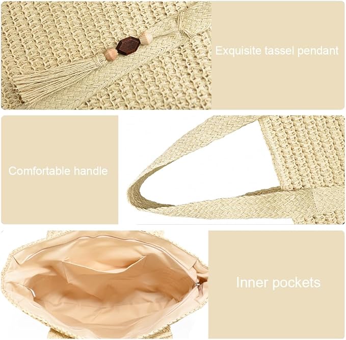 Straw Beach Bags for Women Woven Beach Tote Bag Casual Boho Large Shoulder Handbags Purse for Vacation Holiday