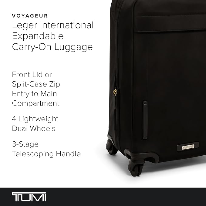 TUMI - Voyageur Leger 4 Wheeled Luggage - Women's Lightweight and Spacious, Sleek Silhouette, Durable Premium Suitcase - 21.8" International Expandable Carry-On, Black with Gold Hardware