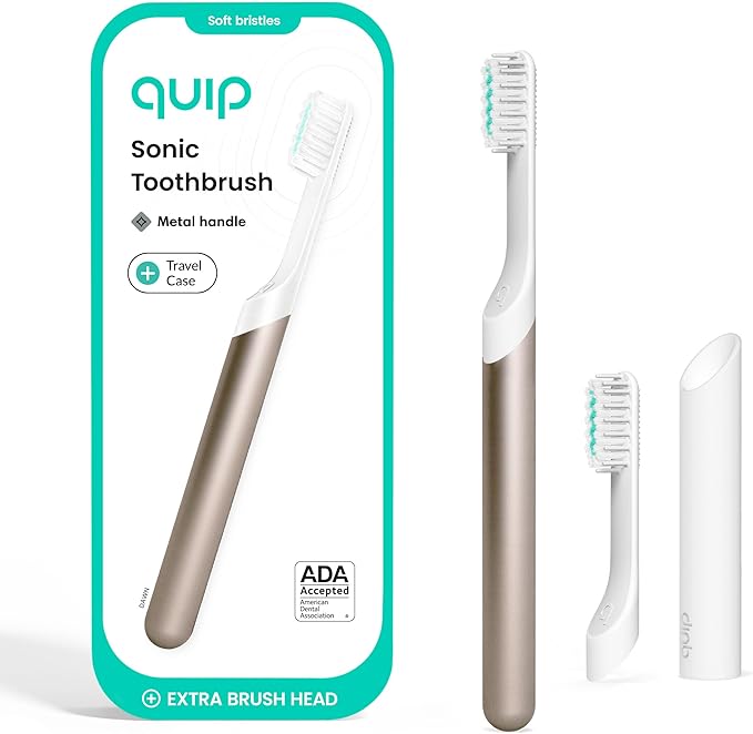 Quip Metal Sonic Toothbrush, Electric Toothbrush for Adults –Time Travel & Soft Bristles with Travel Case & Replaceable Brush Head -3-Month Battery Life - Dawn Peach Gold