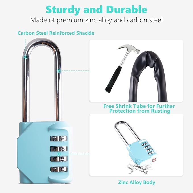 CL21AS 2.6 Inch Long Shackle Combination Lock, 4 Digit Combination Padlock Set Your own Combination for Gym Locker Lock, School, Gates, Doors, Toolbox, Hasps and Storage (Aqua Sky (L) *1)
