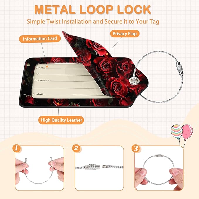 Romantic Elegant Red Roses PU Leather Luggage Tags for Suitcase, Travel Cruise 3 Pack with Privacy Flap, Name ID Label and Metal Loop for Women Men Girls Baggage Bag Backpack