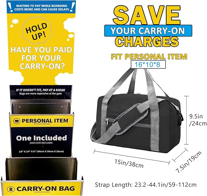 For Spirit Airlines Personal Item Bag 16x10x8 in Underseat Carry-on Luggage foldable Travel Duffle Bag for Airplanes(20L, Black)