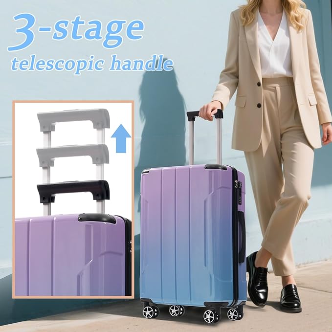 Merax Luggage Set 3 Piece Glossy PC Suitcases with Spinner Wheels, Built-In TSA Lock, 20" Carry-On Airline Approved 24" Checked Luggage, Foldable Duffel Bag for Travel (Gradient Color)