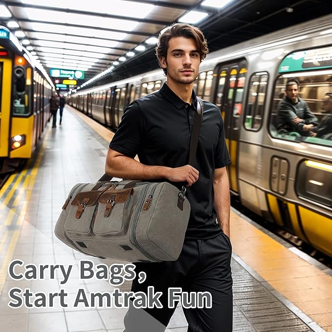 Canvas Duffle Bag with Genuine Leather Accents, Expandable 20-23 Inch Travel Weekender, Multiple Pockets, Gray