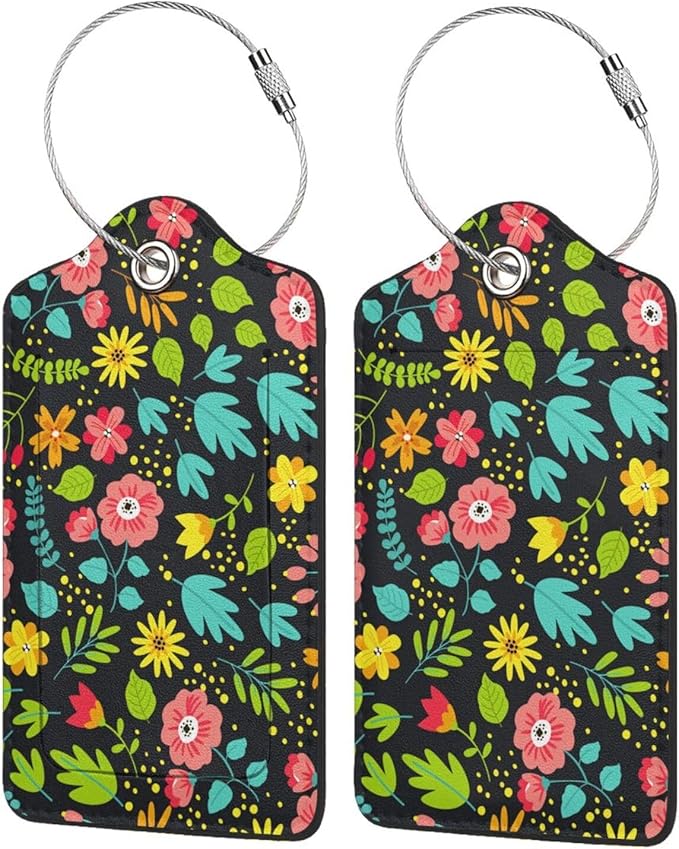 Fun Luggage Tags for Suitcases Leather Name Tag for Luggage Cute Travel Baggage Tags for Carnival Cruise Ships with Funny Patter 2pcs (Flowers)