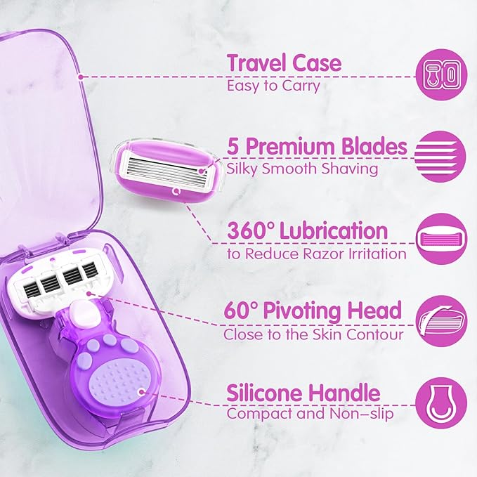 DreamGenius Travel Razors for Women Include 1 Handle and 5 Cartridges, Extra Smooth 5-Blade Travel Essentials Razor with Case for Shaving, Purple