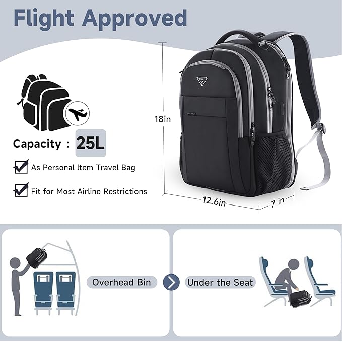 Multipocket TSA Black Travel Laptop Backpack for Men, Anti-Theft Business Daypacks, Airline Approved Personal Item Work Bag, Water Resistant 16 Inch Work Computer Backpack