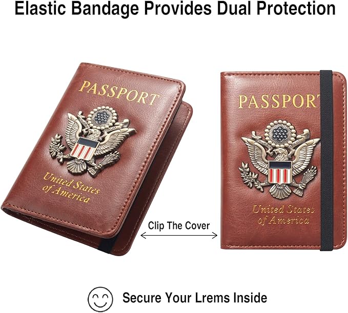 Passport Holder for Travel Passport Cover for Men Passport Wallet Case With 3D Metal Badge Protector Leather Card Case RFID Blocking Women Travel Accessories Document Organizer (Brown)