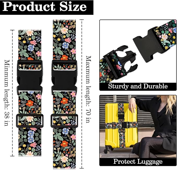 Wildflower Luggage Straps for Suitcases TSA Approved, Luggage Identifiers for Suitcase, Adjustable Suitcase Strap for Baggage Security with Cute Patten, Travel Necessary Accessories