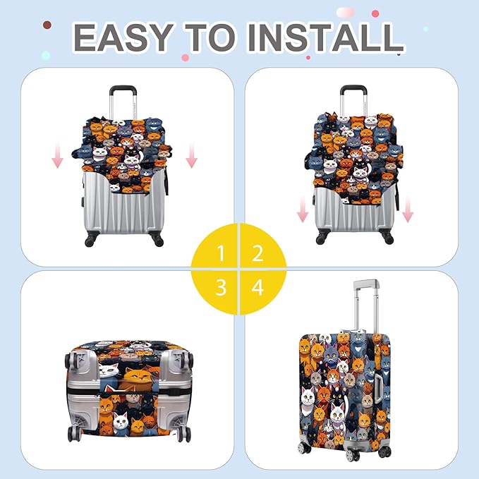 ANNA QUEEN Colorful Cat Luggage Cover, Fun Cat Design with Multiple Cats, Stretchable, Washable Travel Sleeve for 24-26 Inch Luggage