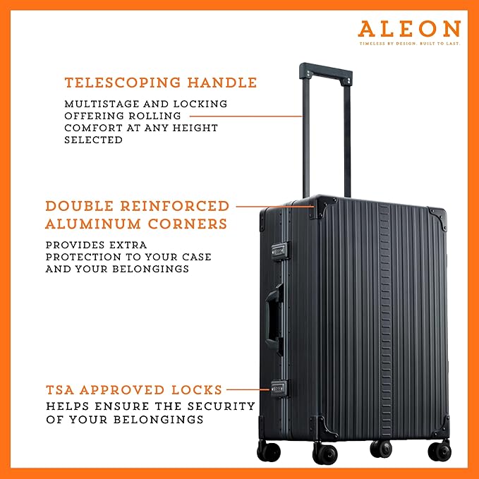 Aleon All Aluminum Lightweight 26" Carry-On Luggage - Hardside Carry-On Suitcase, TSA Approved, Hard Shell Suitcase for Travel, Airline Approved Hard Spinner Wheels Luggage (Onyx)