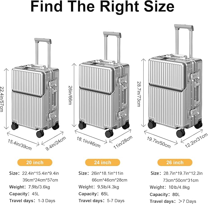 Hard Shell Luggage 20 Inch Travel Suitcase, 22x14x9 Airline Approved with TSA Lock, ABS Aluminum Frame, Lightweight Travel Luggage 20'' 24'' 26'' Carry-on Luggage (Upgraded Silver, 20 Inch)