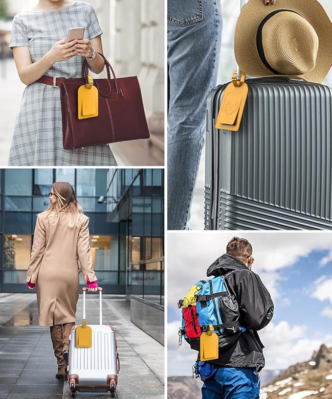 FESAS 3 Pack A-Z Alphabet Luggage Tags - Faux Leather Suitcase Tags with Privacy Cover & Replaceable Card - Initial Letter Monogram for Bags (Yellow)