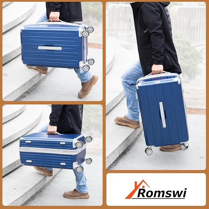 Romswi 3-Piece Carry-On Luggage Set with Cup Holder TSA Lock, 20" Hardside Spinner Suitcase with Duffel Bag, Lightweight Durable PC+ABS Navy Travel Luggage