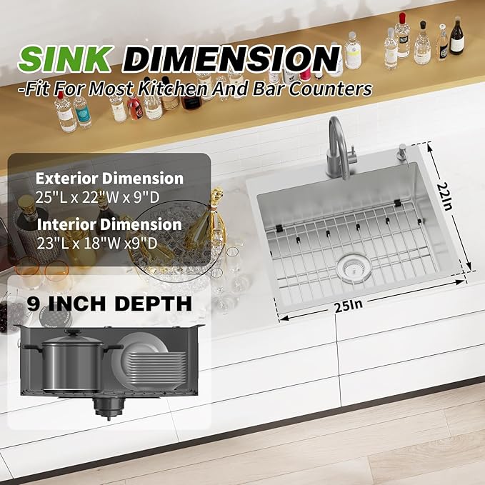 Stainless Steel Drop In Kitchen And Bar Sink - 25x22 Inch Single Bowl Topmount Bar Sink Come With SS Grid,Silicon Mat,Drain Strainer Set