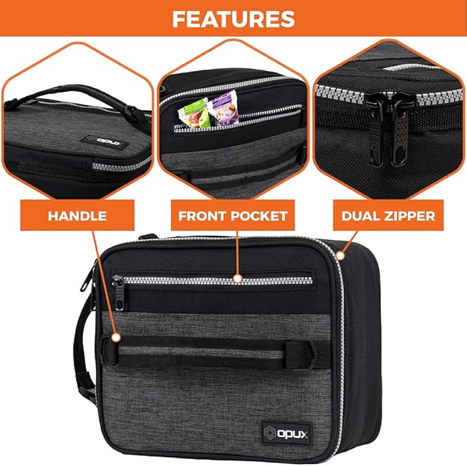 opux Insulated Lunch Box for Men Women Adult, Compact Lunch Bag for Kids Boy Girl Teen, Soft Lunch Cooler Bag for Work School, Leakproof Lunchbox Lunch Pail with Clip-on Buckle, Heather Charcoal