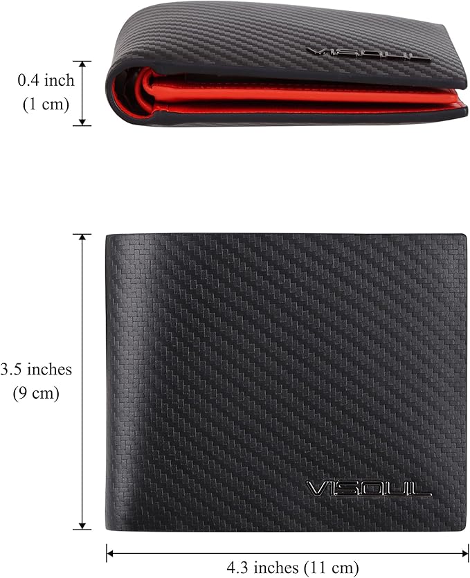 VISOUL Mens Bifold Wallet with 2 ID Windows Carbon Fiber Leather, RFID Blocking Secure Designer Billfold Wallets for Men with Two Cash Compartments (Black+Orange Red)