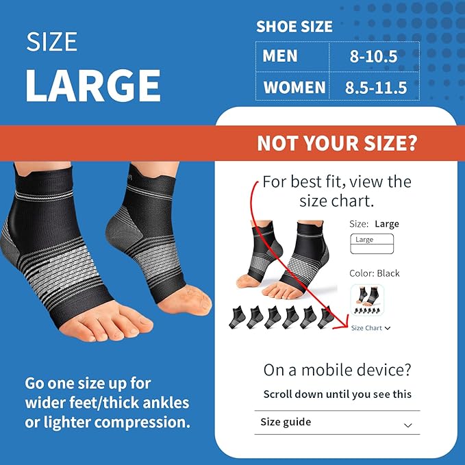 Plantar Fasciitis Sock (6 Pairs) for Men and Women, Compression Foot Sleeves with Arch and Ankle Support (Black, Nude, Navy, Large)