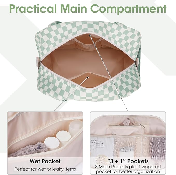 Narwey 18" Carry on Bag Underseat for Airplane with Wet Pocket Spirit Airlines Personal Item Bag Travel Duffel Bag Small Gym Bag Weekender Overnight for Women and Men (Mint Green Checkerboard)