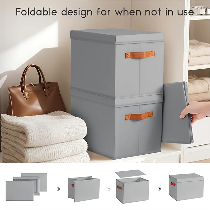 Storage Bins with Lids - Large Fabric Closet Bins with Lid, 5 Pack Clothes Organizers and Storage, Collapsible Stackable Cube Basket for Home, Office, Dorm, Grey