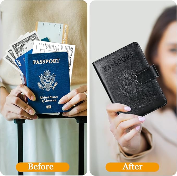 TIGARI Passport Holder for Travel Women Men, PU Leather Waterproof RFID Passport Holder Wallet Cover Case Sleeve, Family Vacation Plane Cruise Travel Document Organizer Essentials-Black