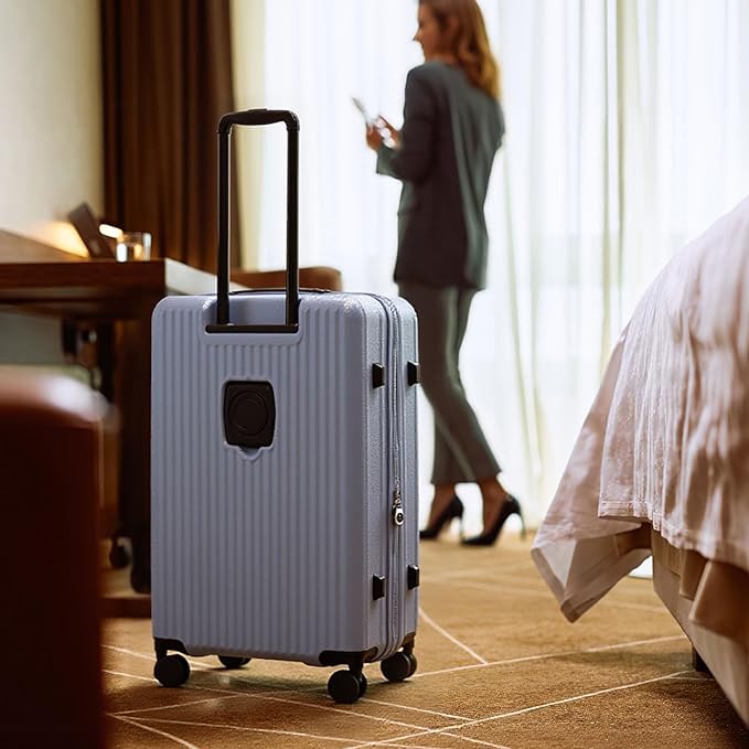 26 Inch Top Opening Checked Travel Luggage Expandable with Spinner Wheels,All PC Hard Shell Hardside Lightweight Medium Suitcase with TSA Approved Cup Holder for Business Trips Woman Men,Blue