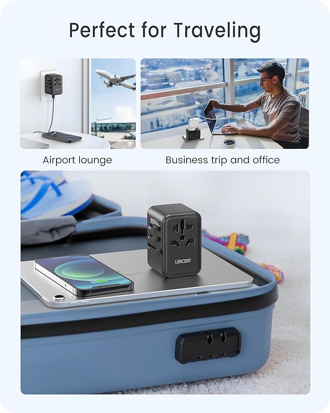 LENCENT Universal Travel Adapter, GaN3 65W International Charger with 2 QC4.0 USB-A+ 2 PD3.0 Type-C PPS Fast Charging, Worldwide European Outlet Adaptor for iPhone,Samsung,Laptops, USA/UK/EU/AUS