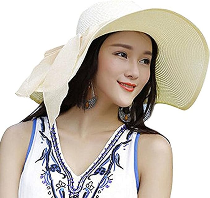 DRESHOW Beach Hats for Women Big Straw Wide Brim Summer Hat Floppy Foldable Roll up Cap Sun Hat UPF 50+
