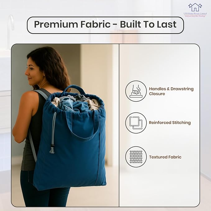 LFH Home Cotton Canvas Large Laundry Bag with Handle, Heavy Duty Drawstring Closure Washable Laundry Bags, School Travel, Home, Hotel, College Dorm, Organizer Sack, Toys Clothes 28x36-Sky Blue