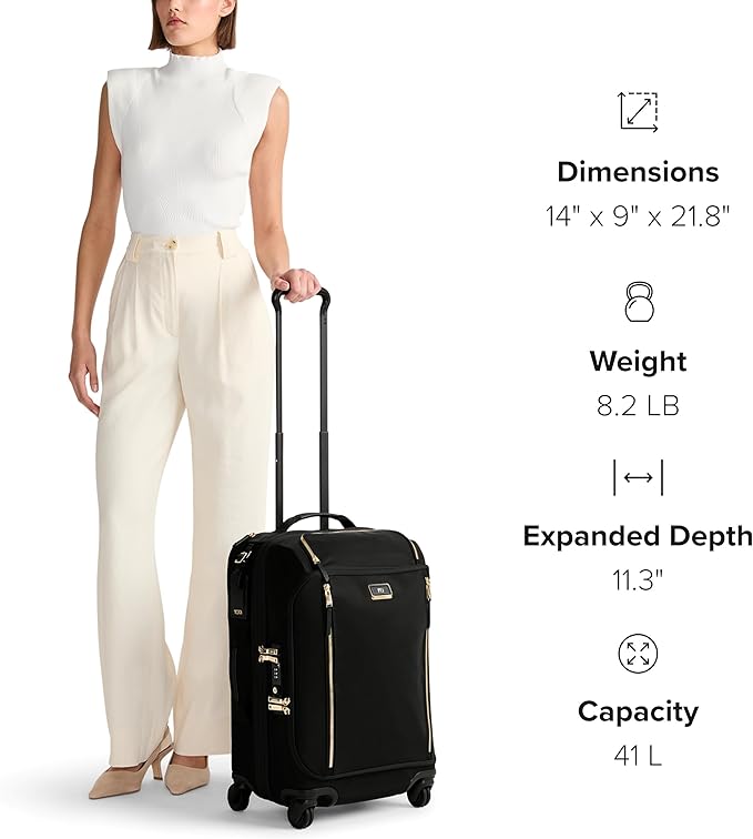 TUMI - Voyageur Leger 4 Wheeled Luggage - Women's Lightweight and Spacious, Sleek Silhouette, Durable Premium Suitcase - 21.8" International Expandable Carry-On, Black with Gunmetal Hardware
