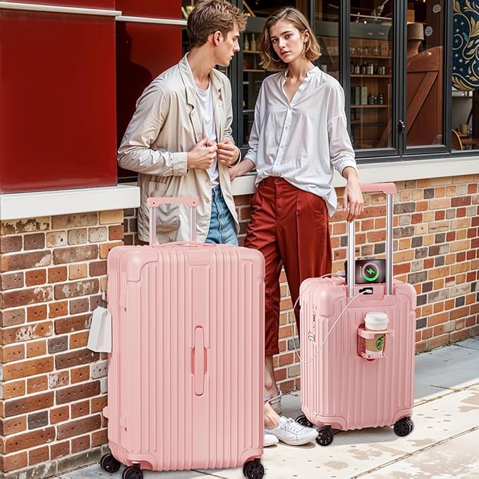 Krute Carry on Luggage 20 Inch USB Suitcases with Spinner Double Wheels Cup Holder PC+ABS Hardside Luggage with TSA Lock (Pink)