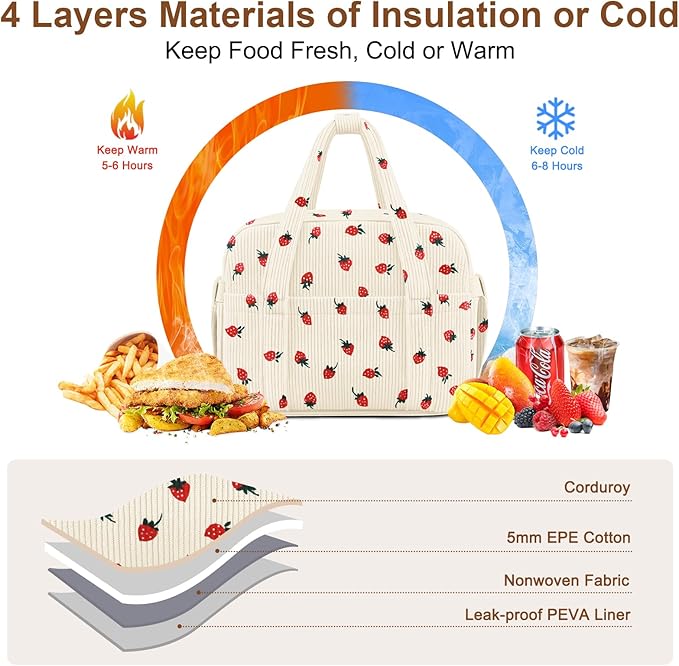 Corduroy Lunch Box Lunch Bag for Women Men, Cute Strawberry Small Insulated Reusable Work Leakproof Simple Lunch Boxes Tote Bag Adults Cooler Bag