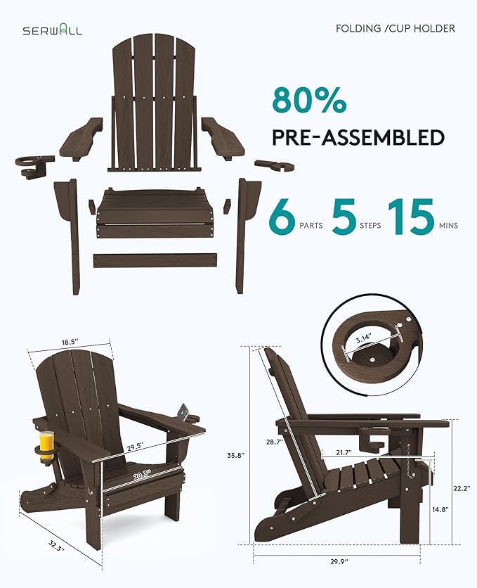 SERWALL Adirondack Chair with Cup Holders - Composite Adirondack Chairs Set of 4 HDPE Outdoor Chairs All Weather Use- Coffee