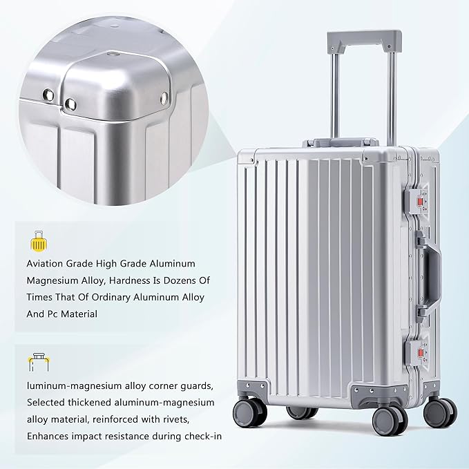 YYW Aluminum Carry-On Luggage Airline Approved Lightweight Suitcase with TSA Lock and Silent Wheels Hardshell Spinner Business Travel (Silver, 20in)