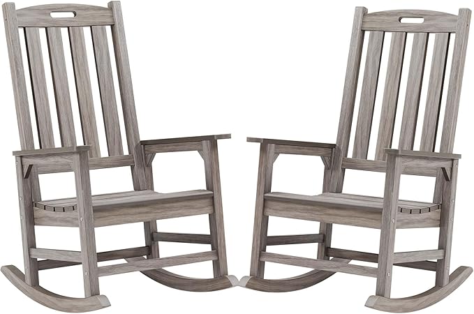 Psilvam Outdoor Rocking Chair Set of 2, Poly Lumber Oversized Rocking Chair with 21" Wide Seat and 32" Tall Backrest, Pre-Assembled with Most Components for Effortless Installation(Light Gray)