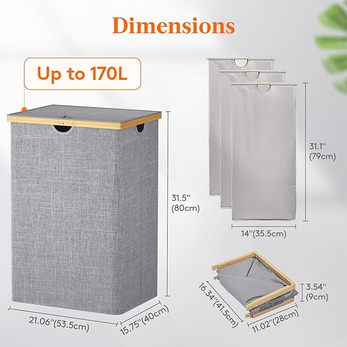 Lifewit 170L Triple Laundry Hamper with Lid, Extra Large Bamboo Laundry Basket Dirty Clothes Hamper,3 Section Laundry Bin Organizer for Laundry Room Bedroom with 3 Removable Liners & Bags, Light Gray