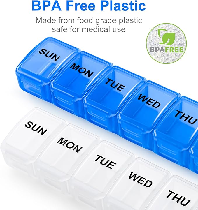 Small Pill Organizer 2 Times a Day, 2 Pack 7 Day Pill Box 1 Time a Day, Travel Friendly Day Night Vitamin Organizer, Weekly Pill Case Container