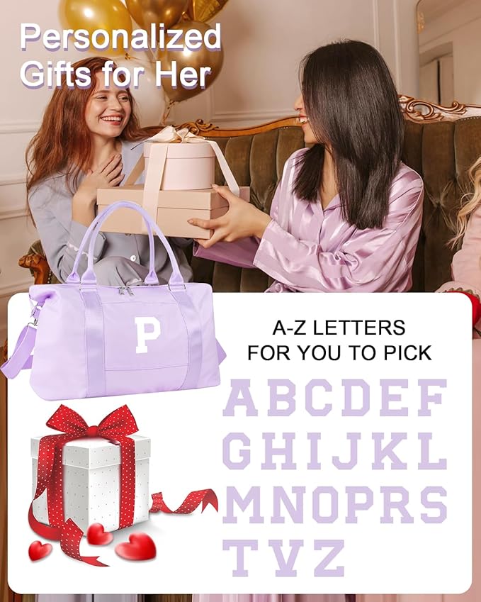 Daughter Niece Gifts for Teen Girl Kids, Initial Travel Duffel Bag Sports Gym Bag Personalized Gifts Weekender Bag，Monogram Overnight Bag Cute Dance Bag Birthday Bridesmaid Gifts for Women(Purple, P)