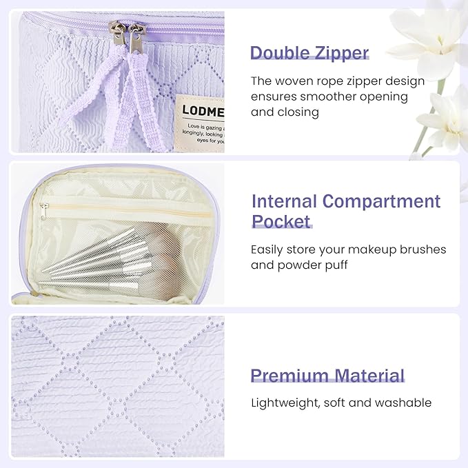 Makeup Bag 3 PCS Cosmetic Bags for Women, Large Travel Make up Bag Set Cute Cotton Toiletry Bag Organizer Pouch for Purse, Purple