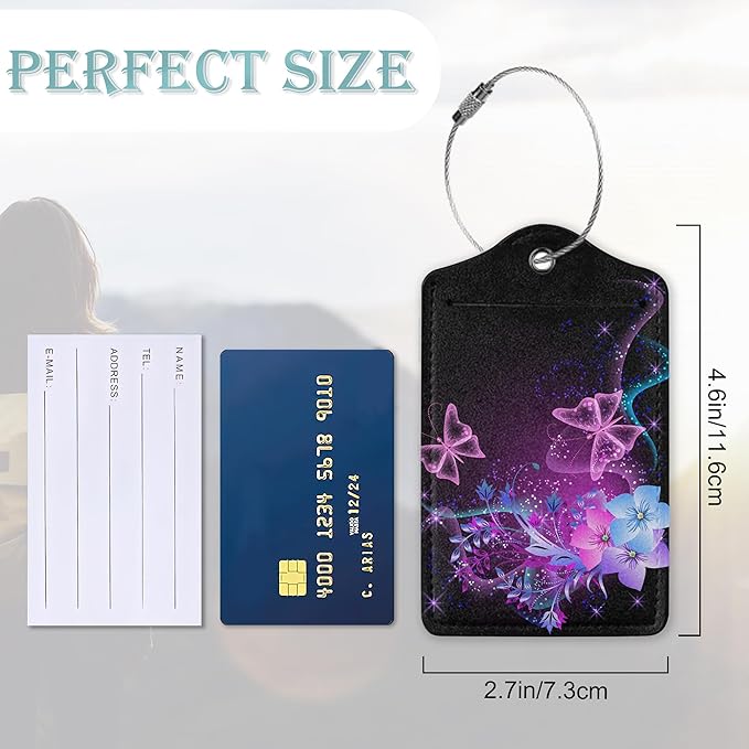 Luggage Tags for Suitcase,2 Pack Butterfly Luggage Tag Flowers Glowing Leather Privacy Cover ID Label with Stainless Steel Loop for Women Men Kids Girls Travel
