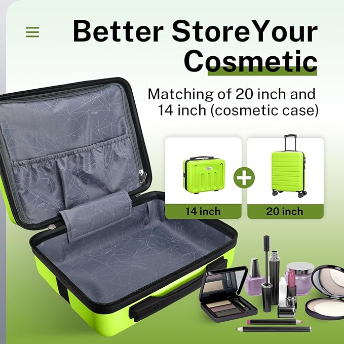 AnyZip Suitcase, 20" Carry On Luggage 14" Mini Cosmetic Cases Luggage Sets Hardside PC ABS Lightweight USB Suitcase with Wheels TSA (2 Piece Set 14/20, AppleGreen)