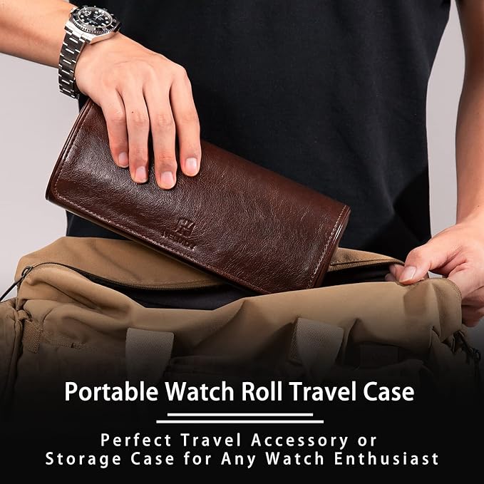 Watch Roll Travel Case: 3 Slot Watch Box Organizer for Men - Watch Storage and Display Case - Watch accessory Fits All Wrist Watches & Smart Watches Up to 50mm (Dark Brown)