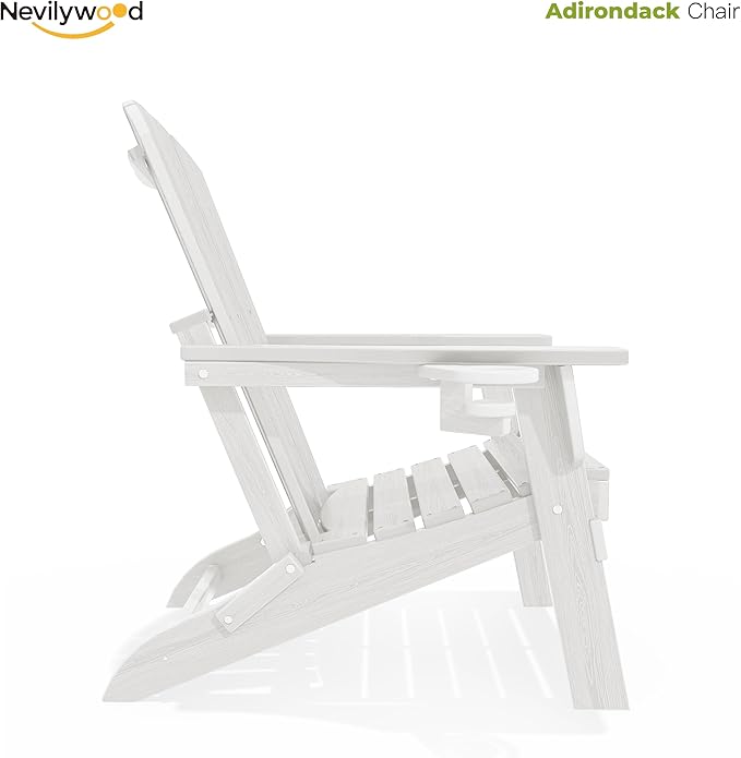 Folding Adirondack Chair, Ergonomic Extended Backrest, HDPE All-Weather, 380lbs Capacity, Maintenance-Free, Cup Holder, （White）- Outdoor Patio & Firepit Chair