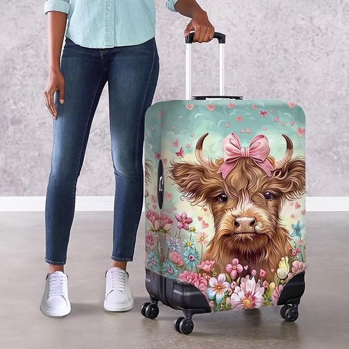 Highland Cow Suitcase Cover Flower Suitcase Protector Fits 18-21 Inch Luggage(Size S) Anti-Scratch Washable Spandex Luggage Cover Stretchable Suitcase Covers with Zipper