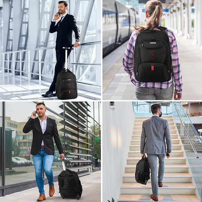 Rolling Backpack, Large Backpack with Wheels for Men Women Adults, 17inch Waterproof Wheeled Travel Laptop Backpack Carry on Luggage Bag Trolley Suitcase Business College School Computer Bookbag,Black