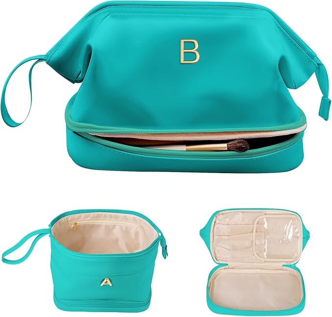 Holiday Gifts, Birthday Gift for Her, Makeup Bags, Waterproof Double Layer Cosmetic Bag, Large Capacity PU Leather Makeup Bags Letter Travel Toiletry Bag, Initial Gifts for Coworkers