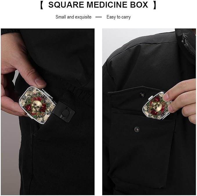 Metal 2 Compartment Pill Organizer Travel Friendly Portable Compact Pill Box Cute Pill Case to Hold Vitamins,Fish Oil,Supplements,Meds,Tablet for Purse,Pocket. (Skull)