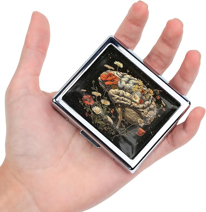 Cute and Stylish Metal Pill Box - Compact Portable Pill Organizer with 8 Compartments, Food-Grade Divider, Ideal for Travel, Vitamins, Jewelry, Cosmetics (Floral Cerebrum)