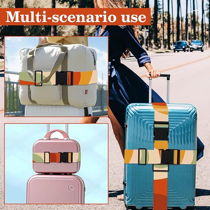 Luggage Straps for Suitcases TSA Approved, Luggage Identifiers for Suitcase, Adjustable Suitcase Strap for Baggage Security with Cute Patten, Travel Necessary Accessories (Retro Colorful Stripes)