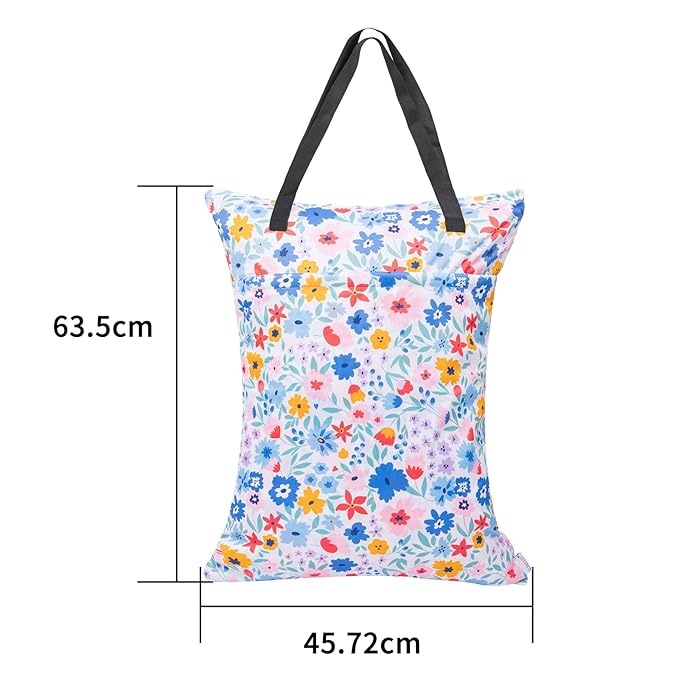 ALVABABY 2 Pack Large Wet Dry Bag Waterproof Hanging Cloth Diaper with Double Zippered Pockets 25x18 inches (Rainbow and flowers)